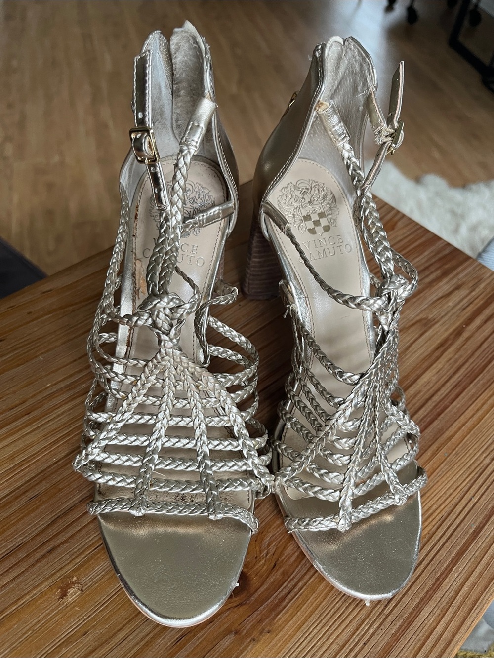 Vince Camuto Braided Metallic Gold Strappy High Heel Sandals